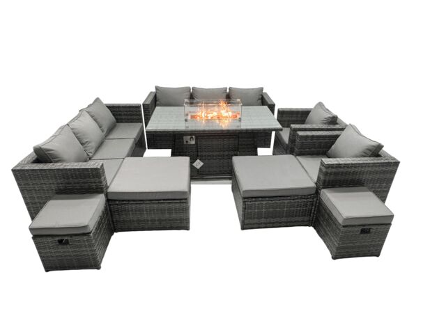 Fimous Rattan Garden Furniture Firepit Dining Set 12 Seater Lounge Sofa Table Set with 2 big Footstool in Dark Grey - image 1