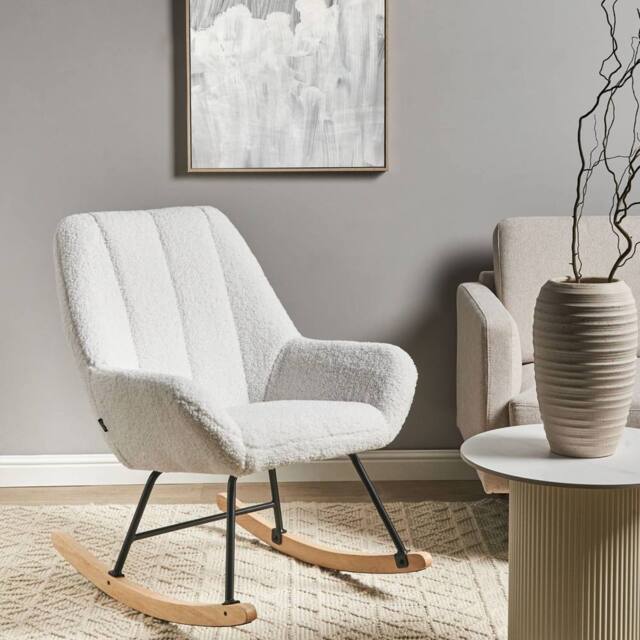 Wyld and Coco Off-White Boucle Rocking Chair - Teddy Upholstery Black Metal Legs in White - image 1