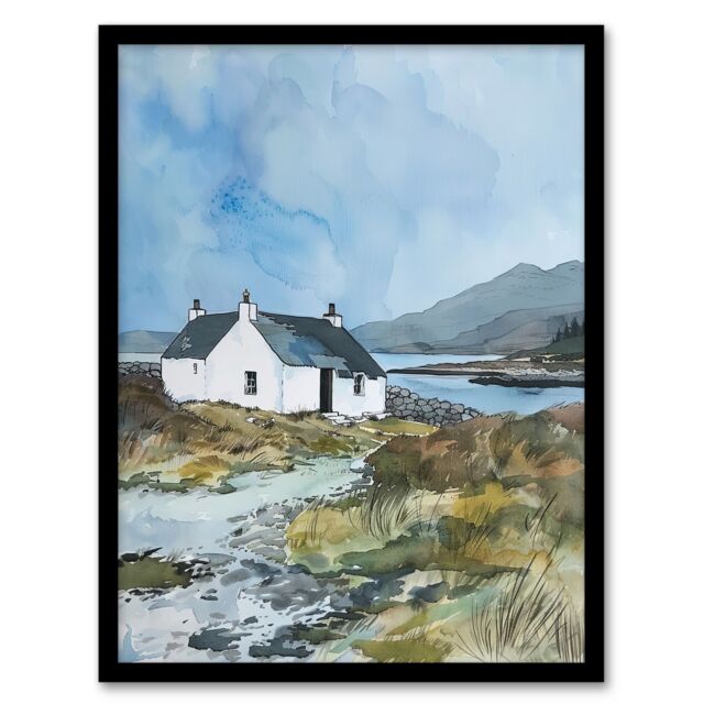 Artery8 Isle Harris Crofters Cottage Scotland Landscape Framed Wall Art in Blue - Size: A4 - image 1