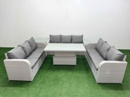 Fimous PE Rattan Lounge Sofa Set 9 Seater Outdoor Garden Furniture Set w/ Adjustable Lifting Dining or Coffee Table 3 Seater Sofa Side Table Light - thumbnail 2