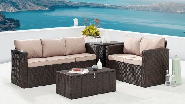 Home Detail Paloma 4 Piece Rattan Garden Furniture Sofa Set with Ottoman Chest Storage Tables in Brown - image 1