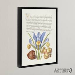 "Artery8 Iris Flower & Hazelnut Calligraphy Framed Canvas Wall Art Print in White - Size: W12"" x H16""" - thumbnail 2