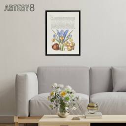 "Artery8 Iris Flower & Hazelnut Calligraphy Framed Canvas Wall Art Print in White - Size: W12"" x H16""" - thumbnail 3