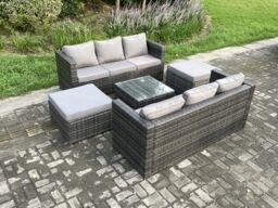 Fimous 8 Seater Rattan Garden Furniture Set Patio Outdoor Lounge Sofa Set with Square Coffee Table 2 Big Footstool Dark Grey Mixed - thumbnail 2