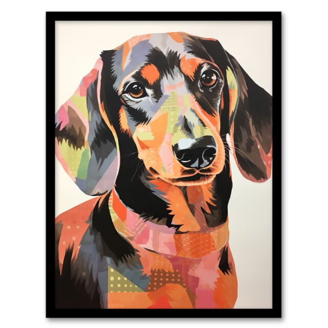 Artery8 Patchwork Pastel Dachshund Collage Artwork Papercraft Art Print Framed Poster Wall Decor in Black - Size: A4 - image 1