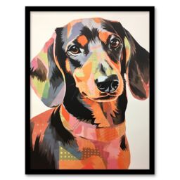 Artery8 Patchwork Pastel Dachshund Collage Artwork Papercraft Art Print Framed Poster Wall Decor in Black - Size: A4 - thumbnail 1