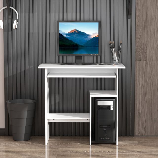 HOMCOM Compact Small Computer Table Wooden Desk Keyboard Tray Storage in White - image 1