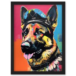 Artery8 German Shepherd Wearing Police Hat Modern Pop Art Artwork Framed Wall Art Print A4 in Black - thumbnail 1