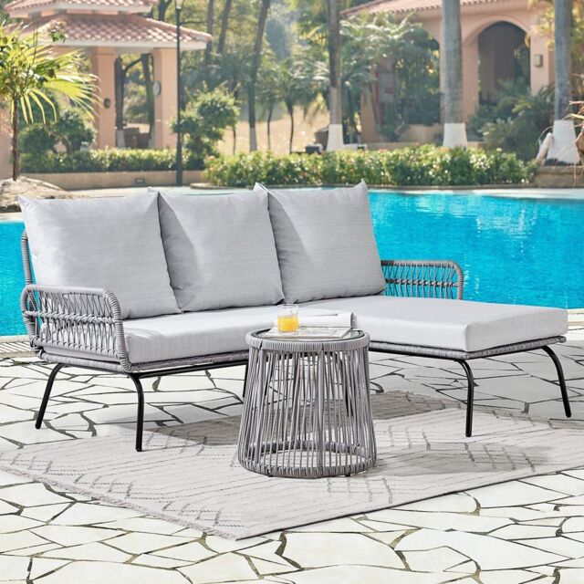 Home Detail Corfu L-Shape Garden Furniture Set Wicker Rope Style with Coffee Table in Grey