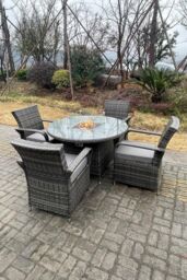 Fimous PE Rattan Gas Fire Pit Round Dining Table Gas Heater Dining Table & Chair Set 4 Seater in Dark Grey - thumbnail 4