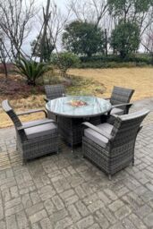 Fimous PE Rattan Gas Fire Pit Round Dining Table Gas Heater Dining Table & Chair Set 4 Seater in Dark Grey