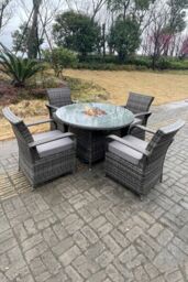 Fimous PE Rattan Gas Fire Pit Round Dining Table Gas Heater Dining Table & Chair Set 4 Seater in Dark Grey - thumbnail 6