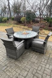 Fimous PE Rattan Gas Fire Pit Round Dining Table Gas Heater Dining Table & Chair Set 4 Seater in Dark Grey - thumbnail 3
