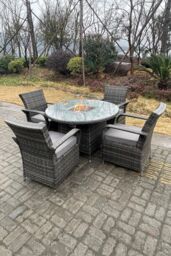Fimous PE Rattan Gas Fire Pit Round Dining Table Gas Heater Dining Table & Chair Set 4 Seater in Dark Grey - thumbnail 2
