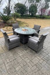 Fimous PE Rattan Gas Fire Pit Round Dining Table Gas Heater Dining Table & Chair Set 4 Seater in Dark Grey - thumbnail 5