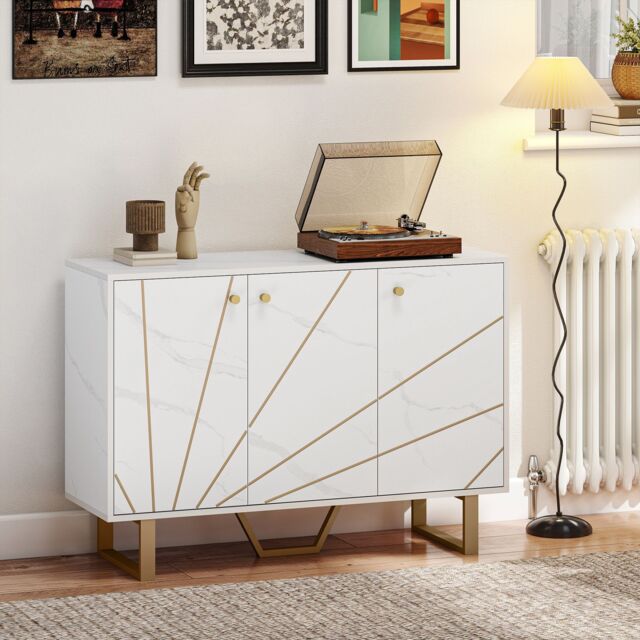 HOMCOM Sideboard Storage Cupboard with Metal Legs for Living Room, White - image 1