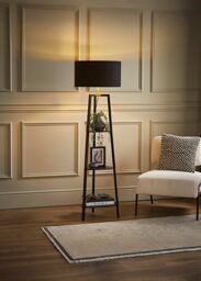 ValueLights Hiru Black 3 Tier Wooden Shelf Floor Lamp with Black & Gold Shade