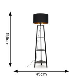 ValueLights Hiru Black 3 Tier Wooden Shelf Floor Lamp with Black & Gold Shade - thumbnail 6