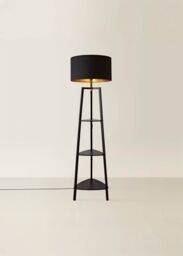 ValueLights Hiru Black 3 Tier Wooden Shelf Floor Lamp with Black & Gold Shade - thumbnail 3