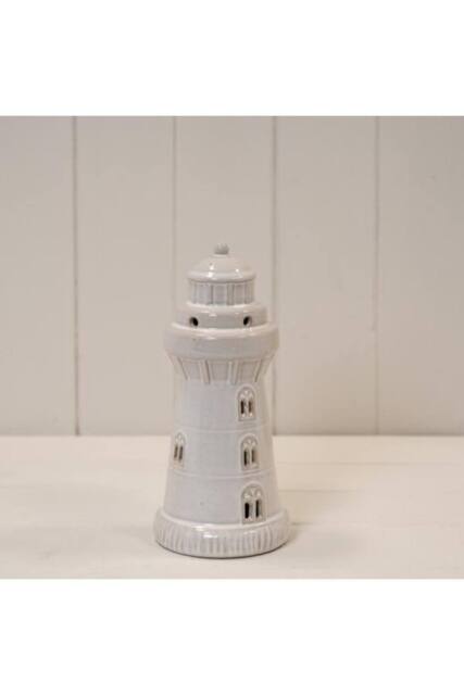 KDMD Glazed Ceramic Lighthouse with LED Ornament with Textured Detail in Off-White - image 1
