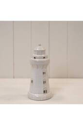 KDMD Glazed Ceramic Lighthouse with LED Ornament with Textured Detail in Off-White