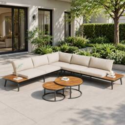 Merax Modular Outdoor Sofa Set with Washable Cushions, Wood Nesting Tables in Beige