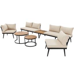 Merax Modular Outdoor Sofa Set with Washable Cushions, Wood Nesting Tables in Beige - thumbnail 8