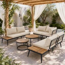 Merax Modular Outdoor Sofa Set with Washable Cushions, Wood Nesting Tables in Beige - thumbnail 2
