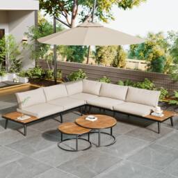 Merax Modular Outdoor Sofa Set with Washable Cushions, Wood Nesting Tables in Beige - thumbnail 5