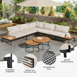 Merax Modular Outdoor Sofa Set with Washable Cushions, Wood Nesting Tables in Beige - thumbnail 4