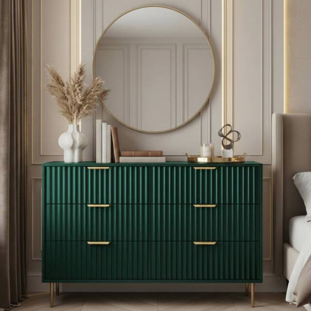 OHS Ribbed 6 Drawer Cabinet Chest of Drawers Sideboard in Dark Green - image 1