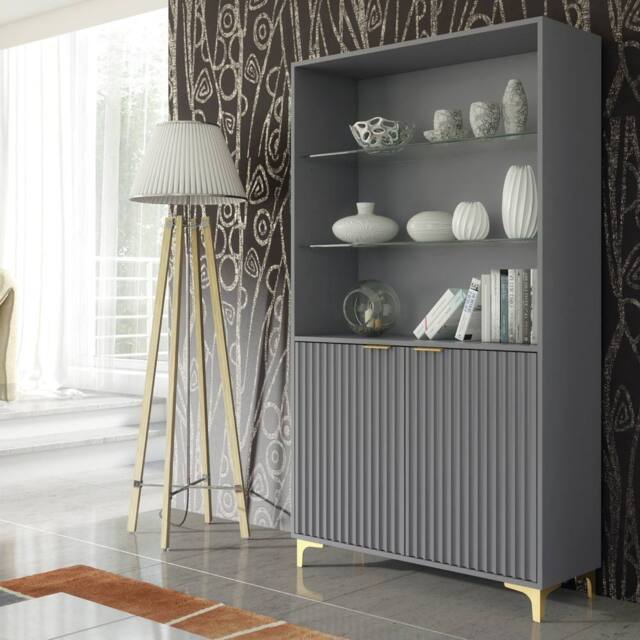 Mex Furniture LTD Display Cabinet Tide Crest 175cm - Dark Grey with Fluted Doors - image 1