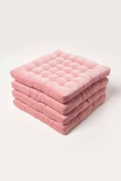Homescapes 4 Pack Seat Pads Luxury Cotton Velvet Indoor Outdoor Garden Cushion, 40cm in Pink - Size: 40 cm x 40 cm