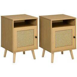 HOMCOM Bedside Table Set of 2 End Table with Open Shelf Rattan Door in Light Brown - thumbnail 2