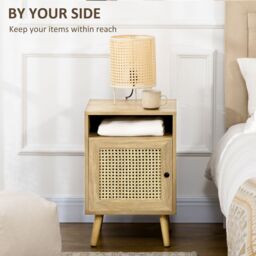 HOMCOM Bedside Table Set of 2 End Table with Open Shelf Rattan Door in Light Brown - thumbnail 4