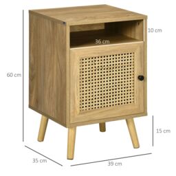 HOMCOM Bedside Table Set of 2 End Table with Open Shelf Rattan Door in Light Brown - thumbnail 3