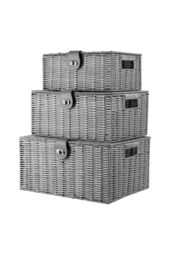 Arpan Set of 3 Resin Woven Storage Basket Box With Lid & Lock in Grey - Size: Small
