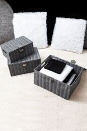 Arpan Set of 3 Resin Woven Storage Basket Box With Lid & Lock in Grey - Size: Small - thumbnail 3