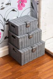 Arpan Set of 3 Resin Woven Storage Basket Box With Lid & Lock in Grey - Size: Small - thumbnail 2