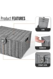 Arpan Set of 3 Resin Woven Storage Basket Box With Lid & Lock in Grey - Size: Small - thumbnail 6