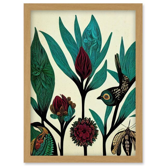 Artery8 Abstract Folk Art Leaves Flowers Birds Vintage Style Green Burgundy Cream Black Artwork Framed Wall Art Print A4 in Light Oak - image 1