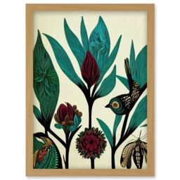 Artery8 Abstract Folk Art Leaves Flowers Birds Vintage Style Green Burgundy Cream Black Artwork Framed Wall Art Print A4 in Light Oak - thumbnail 1