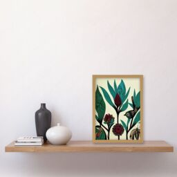 Artery8 Abstract Folk Art Leaves Flowers Birds Vintage Style Green Burgundy Cream Black Artwork Framed Wall Art Print A4 in Light Oak - thumbnail 2