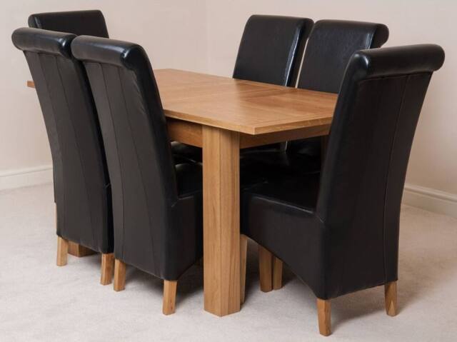 Thats Furniture Hampton 120-160cm Oak Extending Dining Table & 6 Montana Leather Chairs in Black - image 1