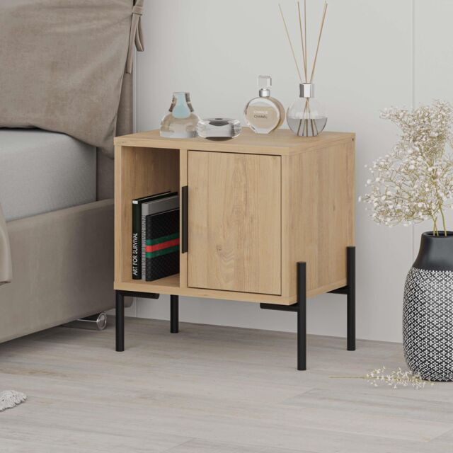 Decortie 'Glynn' Modern Bedside Table Nightstand Black T Metal Legs 48cm in Natural - Size: 1 Pack - image 1