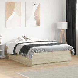 Berkfield Home Bed Frame with LED without Mattress Sonoma Oak 135x190 cm Double in Brown - thumbnail 1