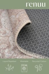 Kukoon Neutral Beige Distressed Traditional Medallion Non Slip Washable Low Pile Rug - Size: 60 cm x 110 cm - thumbnail 6