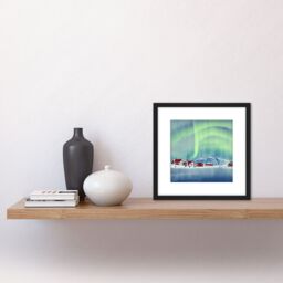 Artery8 Norway Northern Lights Snow Mountain Vibrant Sky Winter Red Houses Village Square Wooden Framed Wall Art Print Picture 8X8 Inch in Black - thumbnail 2