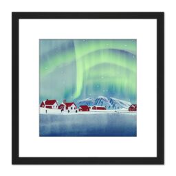 Artery8 Norway Northern Lights Snow Mountain Vibrant Sky Winter Red Houses Village Square Wooden Framed Wall Art Print Picture 8X8 Inch in Black - thumbnail 1
