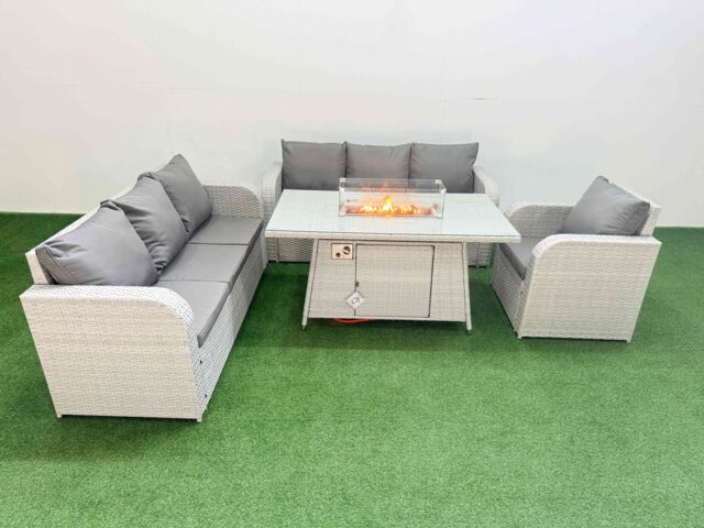 Fimous 7 Seater Poly Rattan Outdoor Garden Furniture Firepit Dining Table Sofa Set Patio 3 Seater Sofa Reclining Chair 3 Seater Sofa Light Grey - image 1